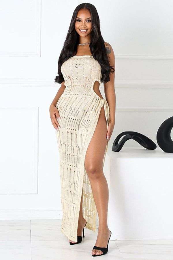 Elegant Crochet Cut-Out Side Slit Maxi Dress image 0