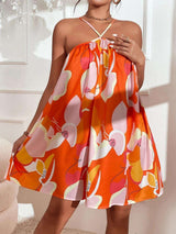 Floral Swing Dress with Spaghetti Straps - M, Orange image