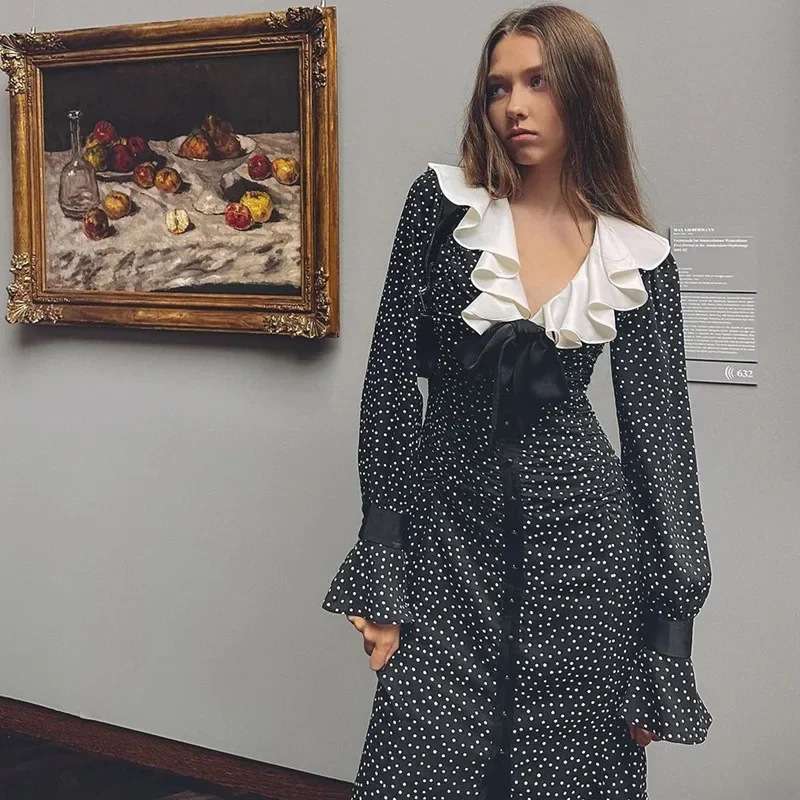 Black Polka Dot Dress with Ruffled Collar - S, Black image