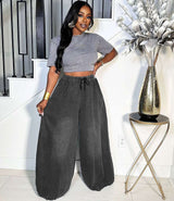 Wide-Leg Pants with Elastic Waist - M, Grey image