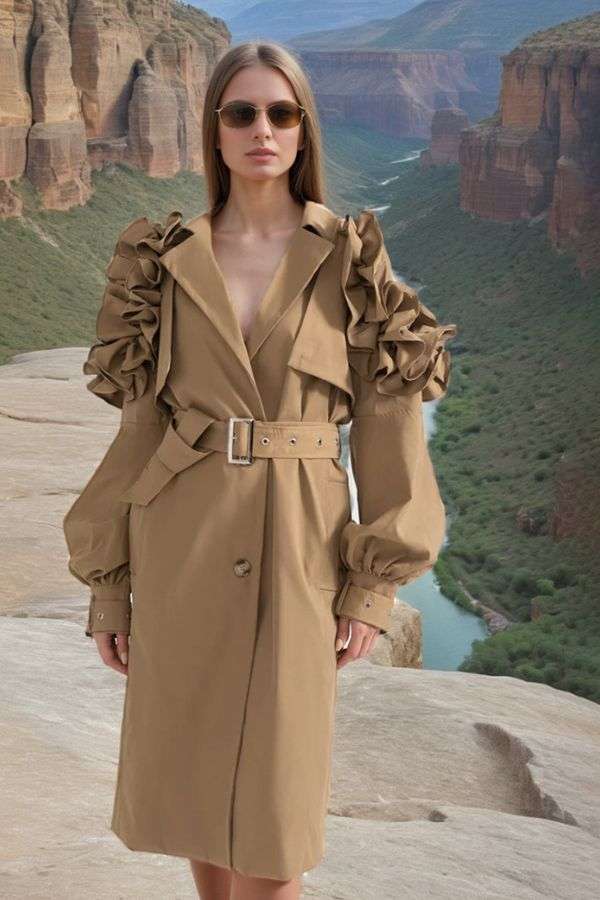 Trench Coat with Puff Sleeves - S, Beige image