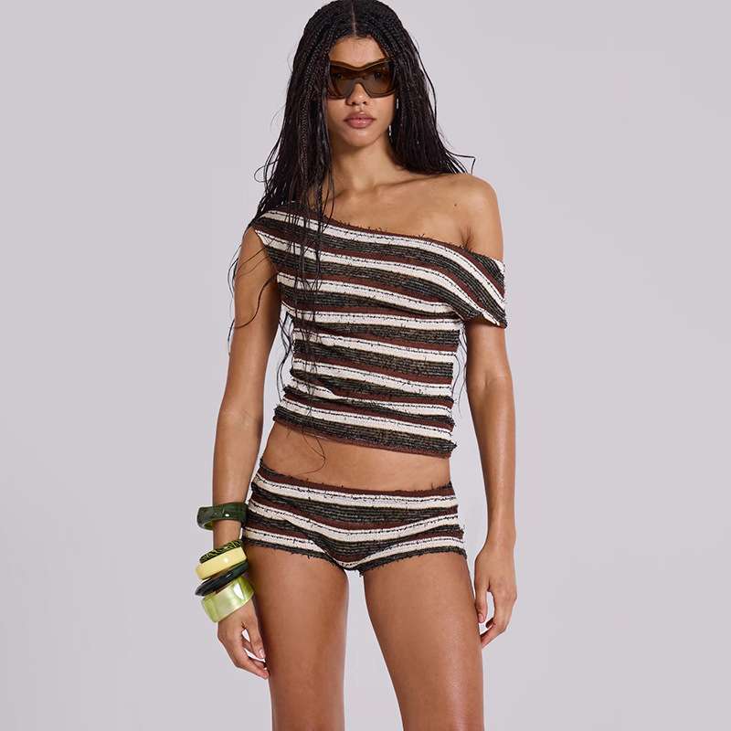 Striped Off-Shoulder  Top and Shorts Set - L, Multi Brown image