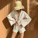 Tie-Front Top & Pleated Shorts Set - S, Beige image