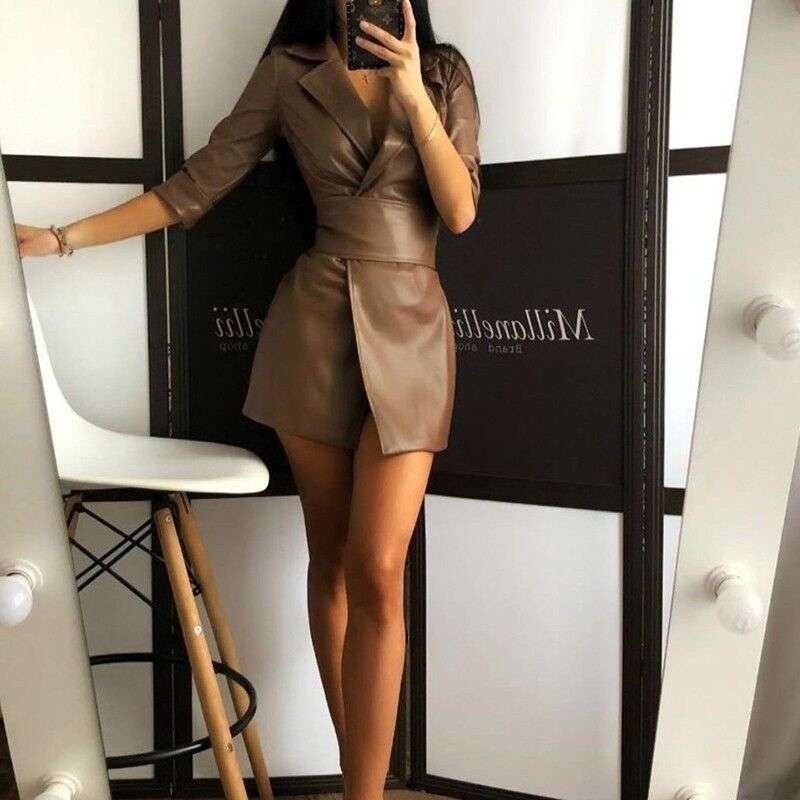 Fashion Solid Color PU Dress With Belt - S, Brown image