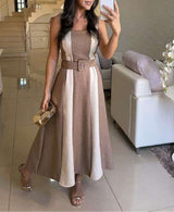 Colorblock Belted Midi Dress - L, Multi Brown image