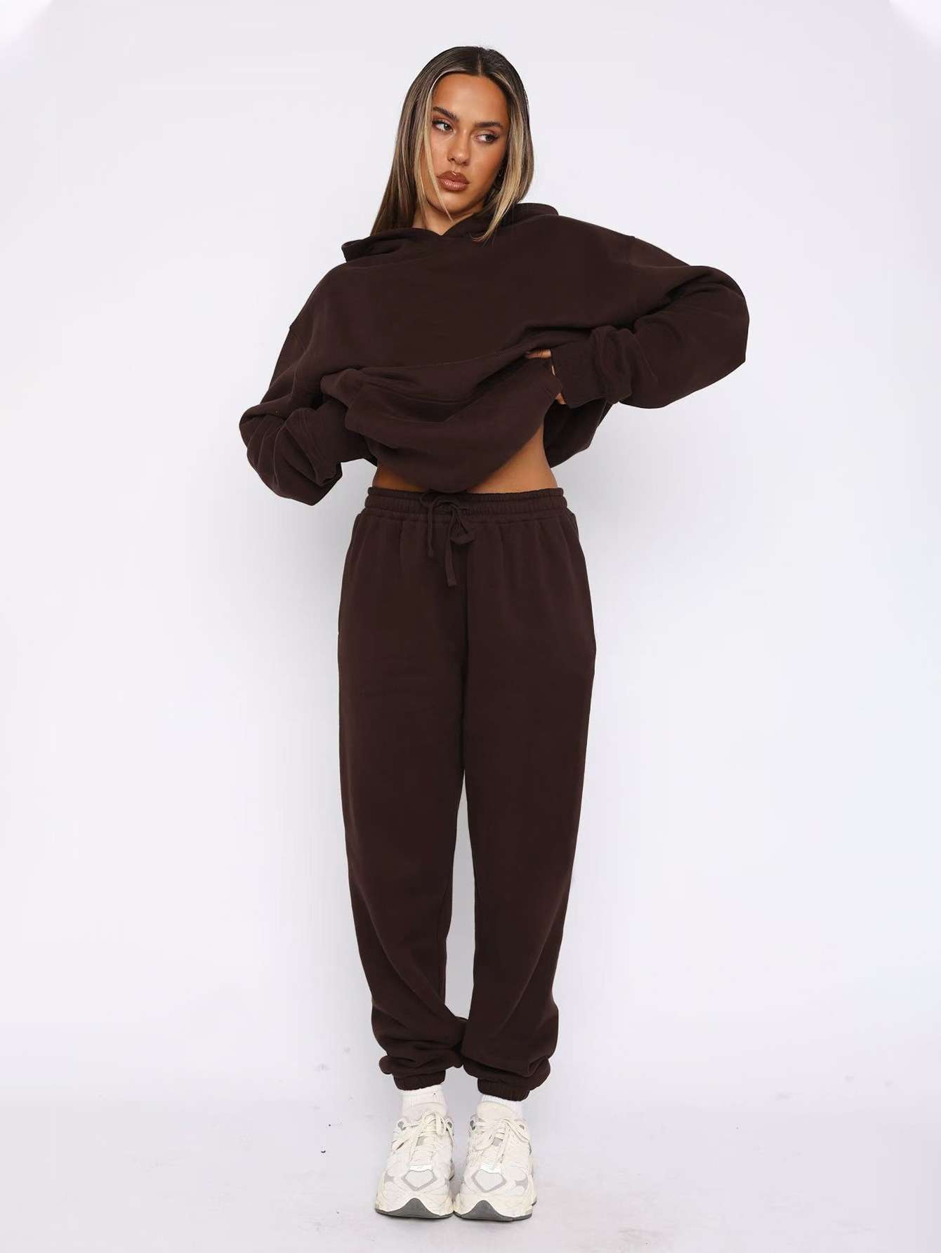 Solid Hooded Pullover Pants Street Suit - S, Bronze Brown image