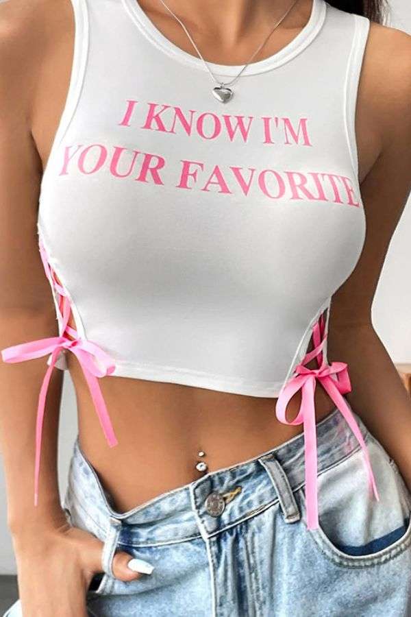 Crop Top Tank with Text & Side Ribbon Details image 0
