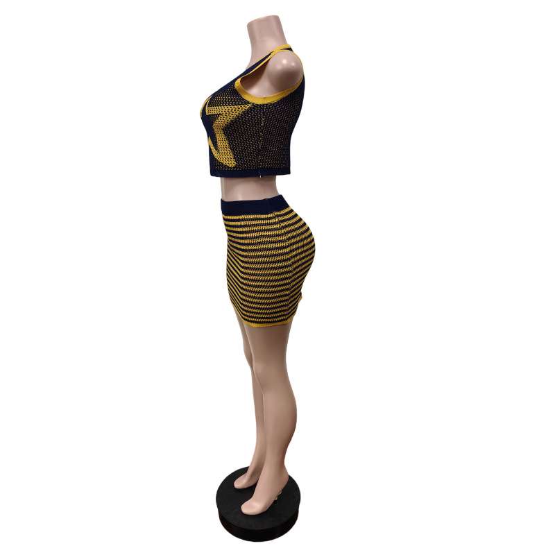 Striped Bodycon Skirt and Mesh Tank Top Set image 2