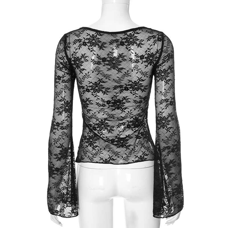 Floral Lace Long-Sleeve Overlay Top with Ruched Bust image 2