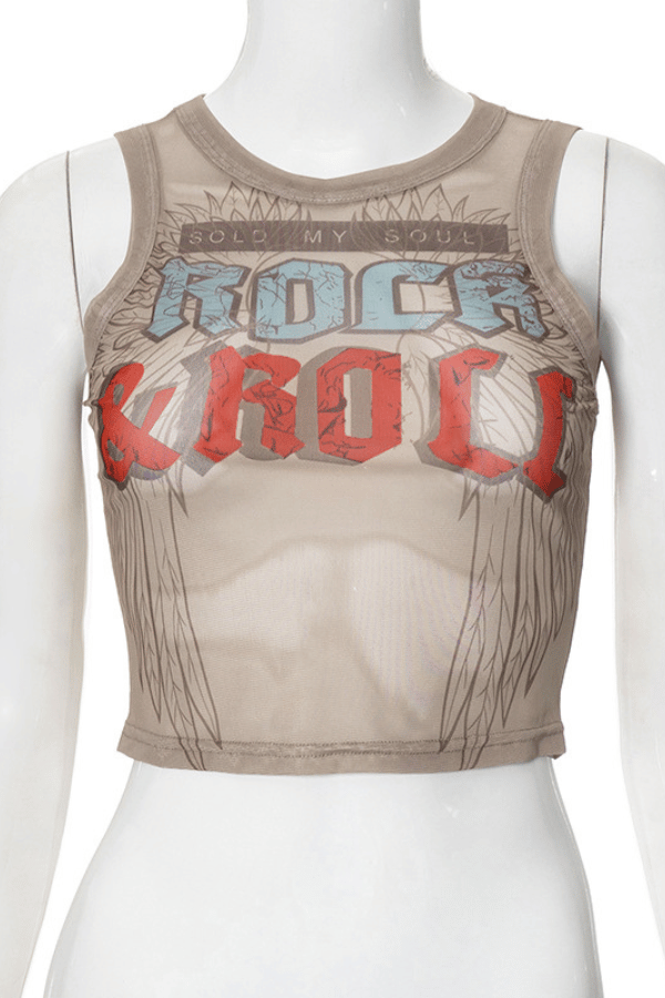 Mesh Printed Round Neck Sleeveless Cropped Tank Top image 1