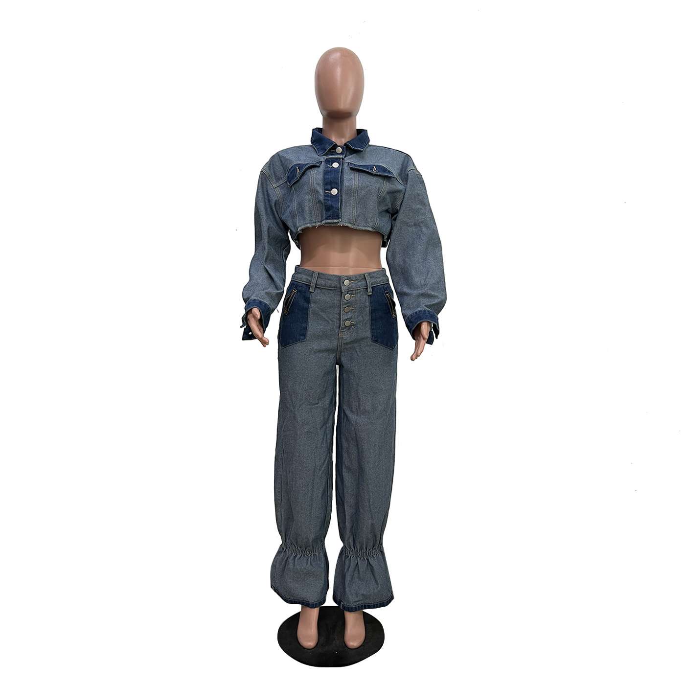 Cropped Contrast Denim Set image 3
