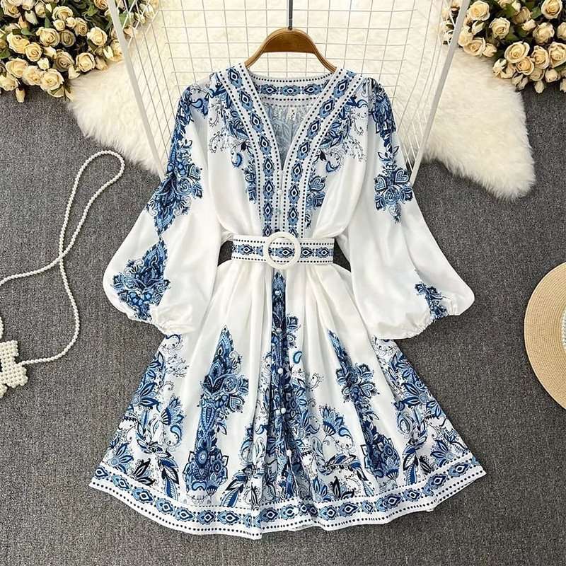 Boho Chic Blue and White Print Belted Dress image 4