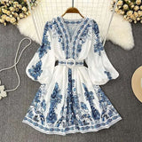 Boho Chic Blue and White Print Belted Dress image 4