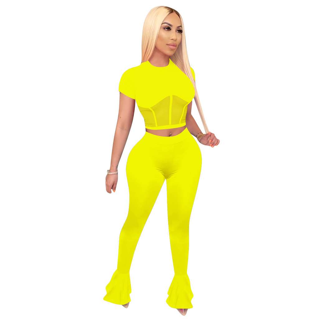 Mesh Short Sleeve Top and Flared Pants image 2