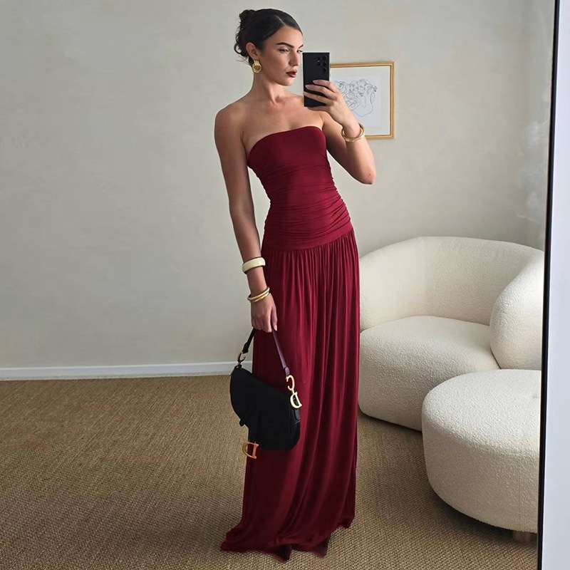 Elegant Strapless Maxi Dress - L, Wine Red image