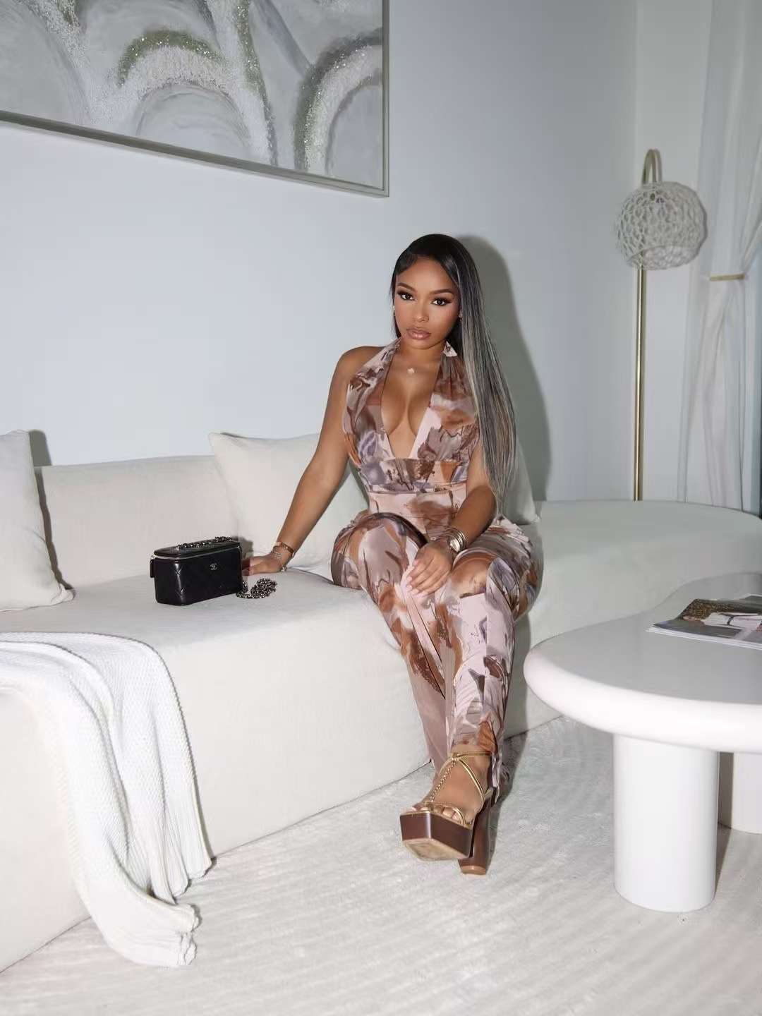 Elegant Abstract Print Halter Jumpsuit - Free Size, Brown image