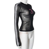 Mesh Patchwork O-Neck White Stripe Skinny Top image 3