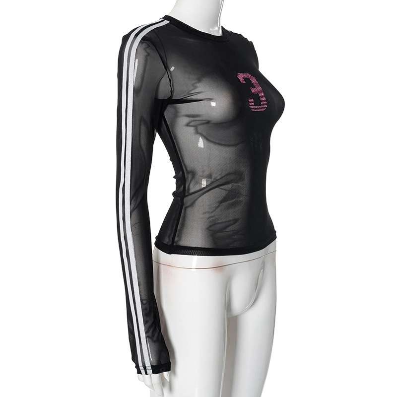 Mesh Patchwork O-Neck White Stripe Skinny Top image 3