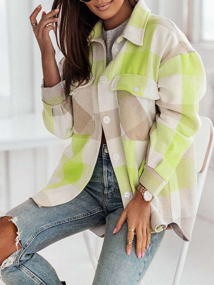 Fashion Brushed Plaid Shirts  Shacket - XL, Multi Green image