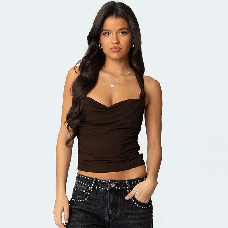 Elegant Ruched Tank Top - L, Brown image