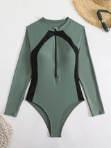 Tropical Long Sleeve Zip-Up Swimsuit - L, Army Green image