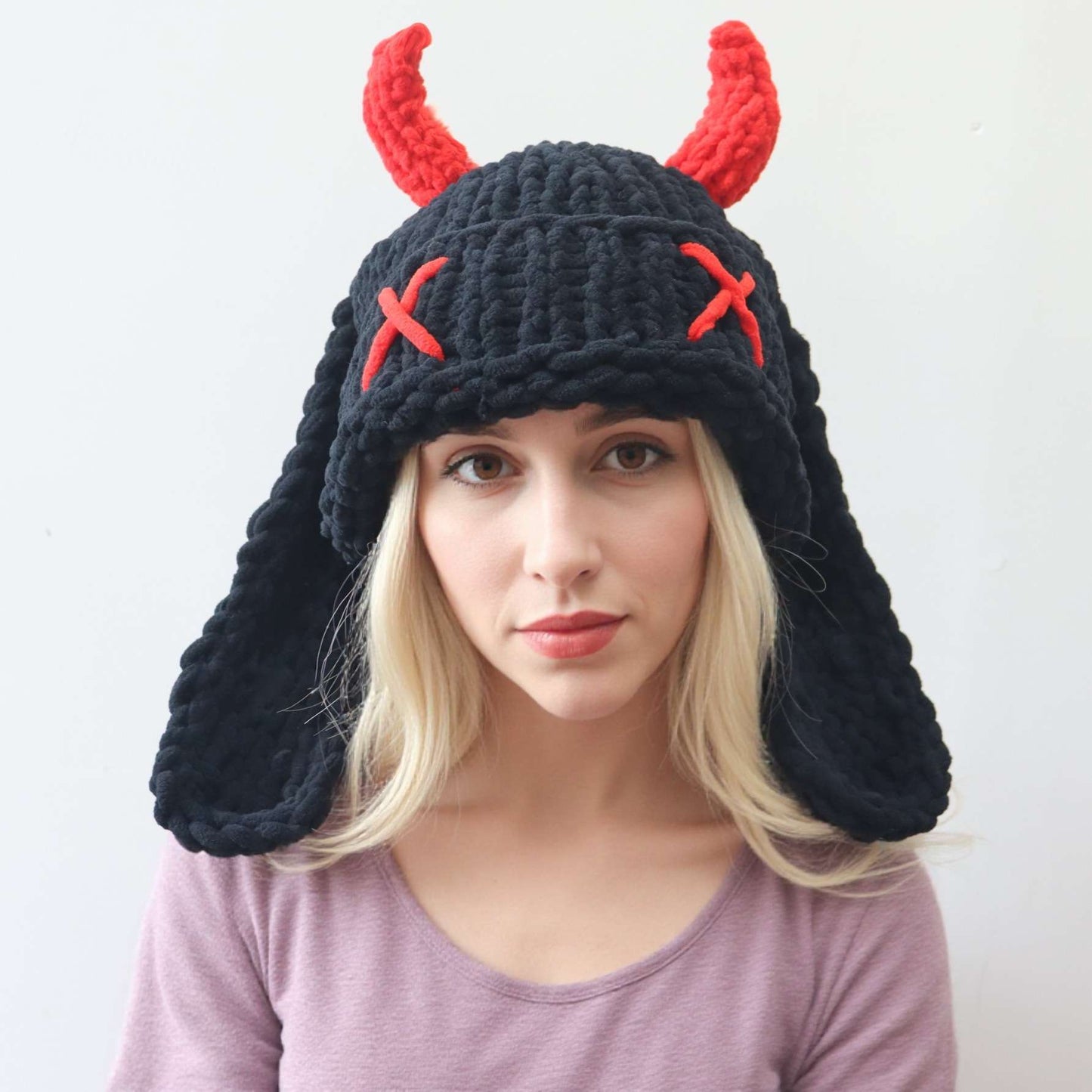Crocheted Hat with Devil Horns image 0