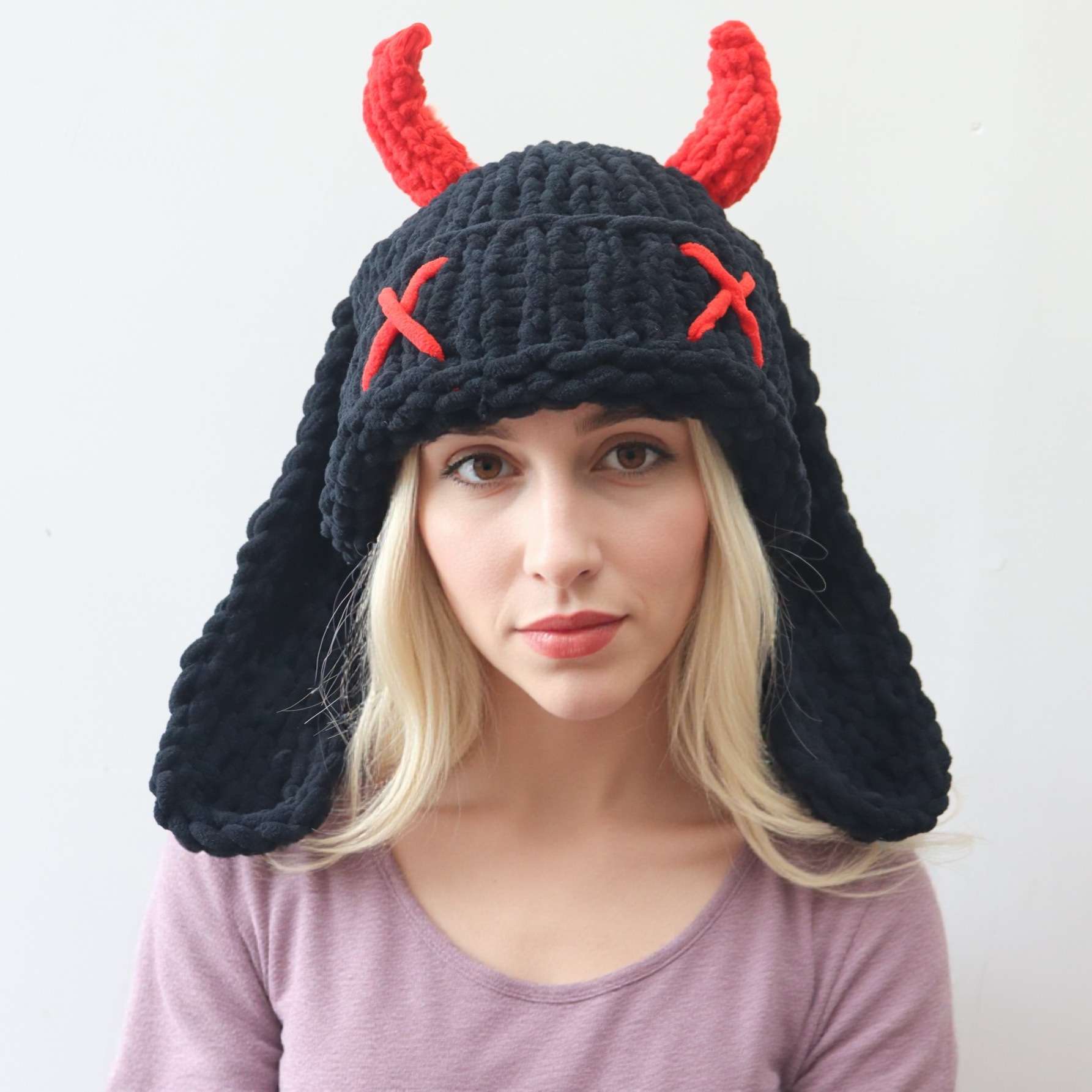 Crocheted Hat with Devil Horns image 0