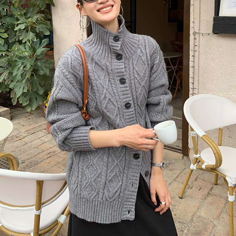 Cable Knit Turtleneck Cardigan - Free Size, Grey image