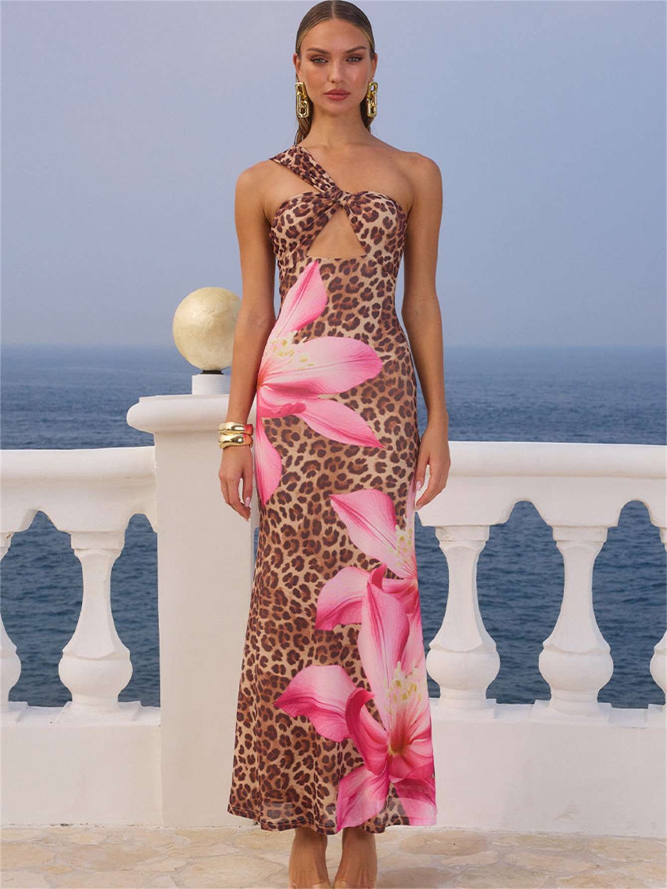 One-Shoulder Leopard Floral Maxi Dress - L, Brown image