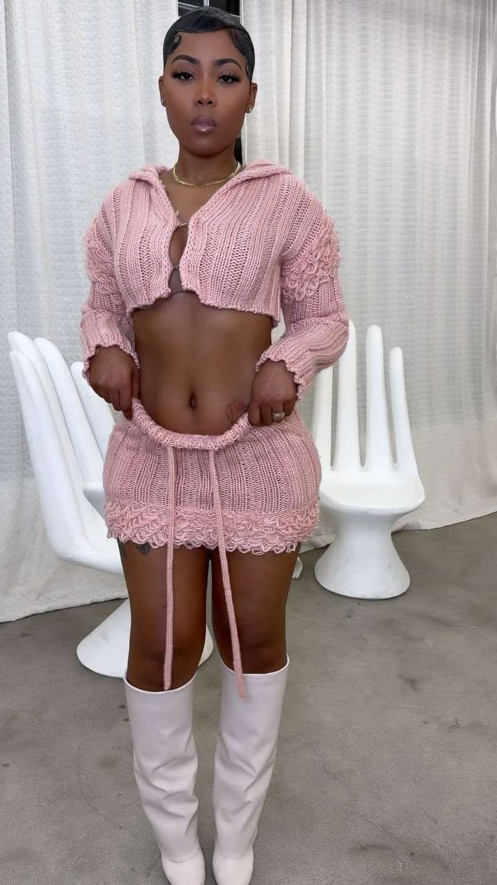 Solid Long Sleeve Short Cardigan Set - M, Pink image