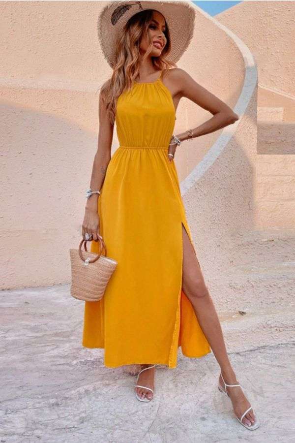 Maxi Dress with Side Slit & Spaghetti Straps image 0
