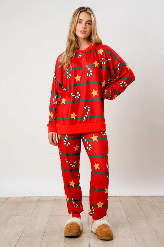 Festive Candy Cane & Star Christmas Pajama Set - L, Red image