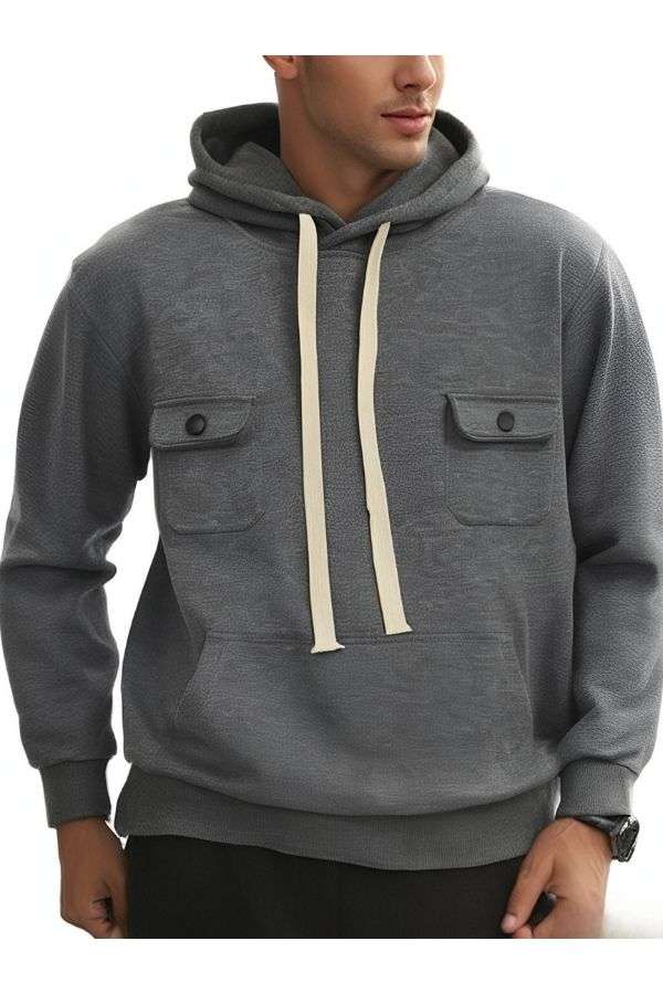 Mens Casual Cargo Sweatshirt Hoodie - S, Dark Grey image