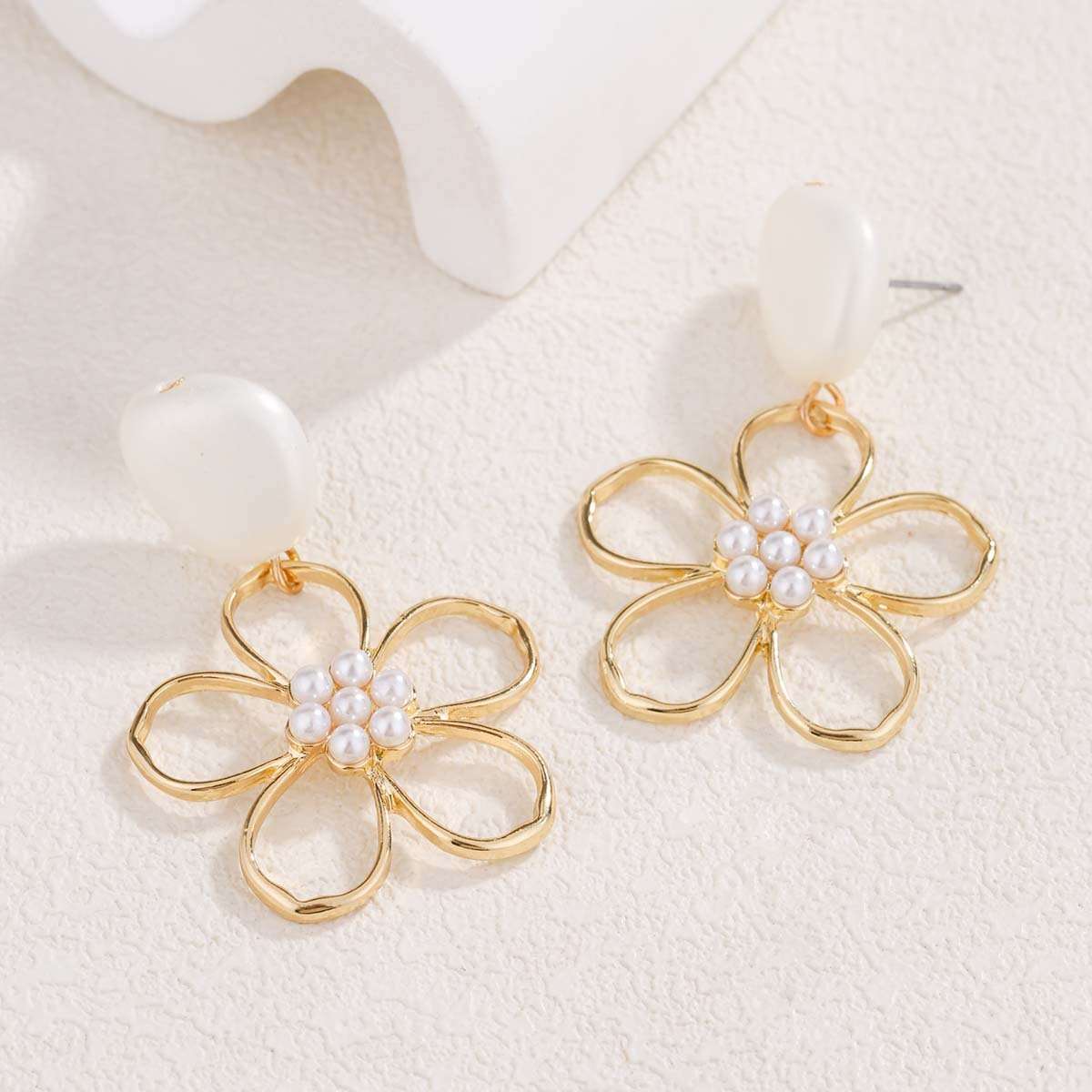 Elegant Gold and Pearl Flower Drop Earrings image 5