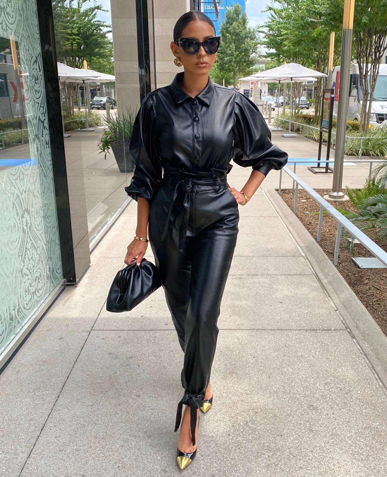 Pocket Belted PU Leather Jumpsuit - M, Black image