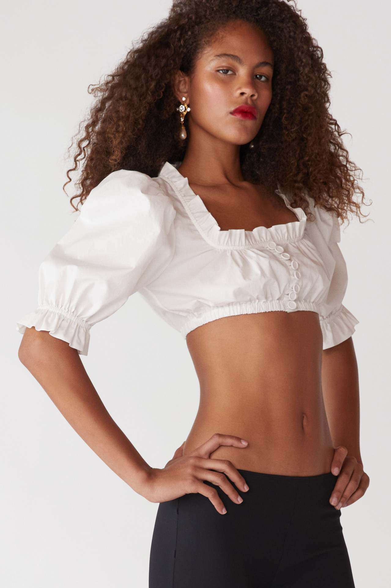 Stylish Gingham Cropped Puff Sleeve Top - S, White image