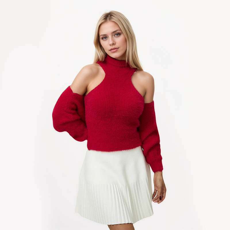 High Neck Cold-Shoulder Sleeves Crop Top - Free Size, Red image