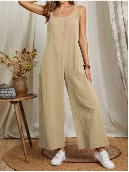 Wide-Leg Sleeveless Jumpsuit - S, Beige image