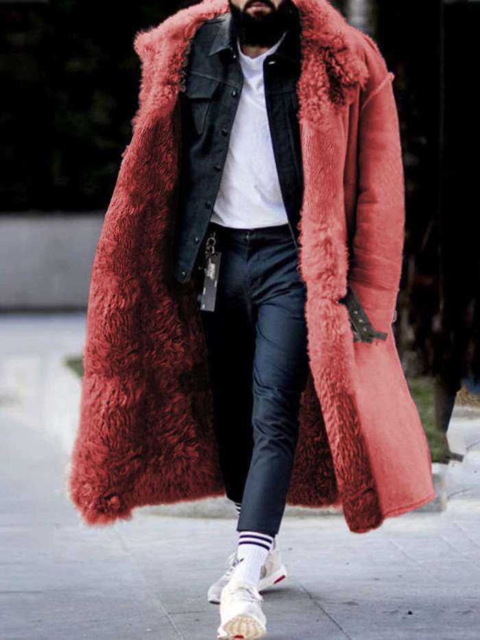 Plush Fur Warm Winter  Trench Coat - M, Red image
