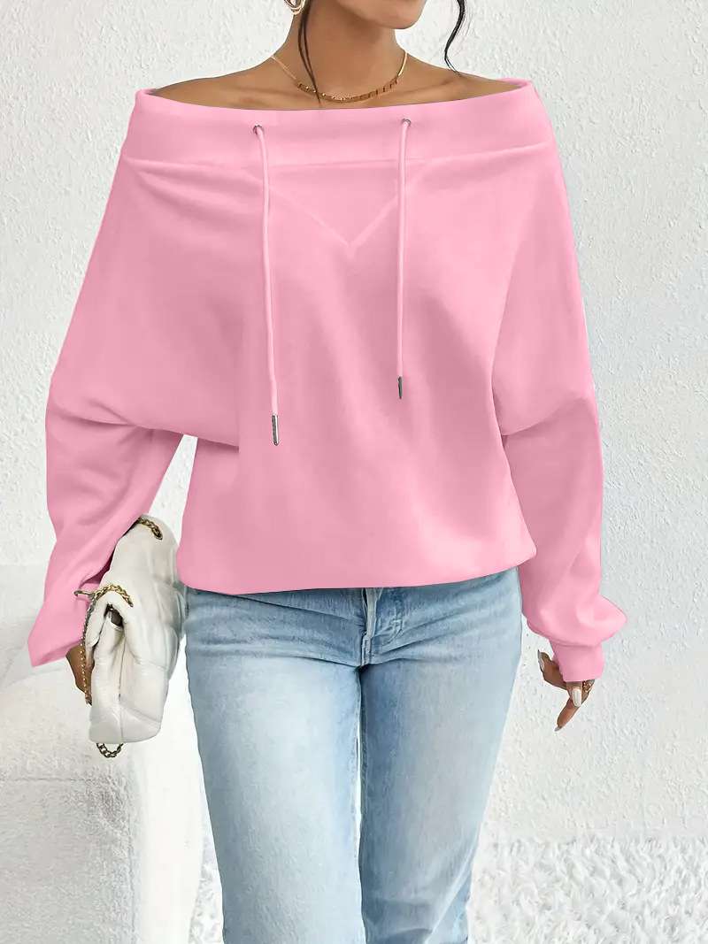 Off-Shoulder Hoodie with Drawstrings - M, Pink image