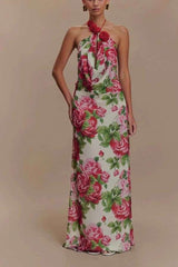 Rose-Print Halter Maxi Dress - S, Multi Red image