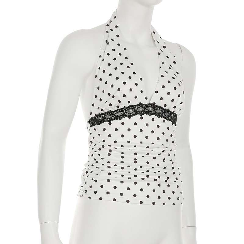Polka Dot Halter Top with Lace Waist Detailing image 1