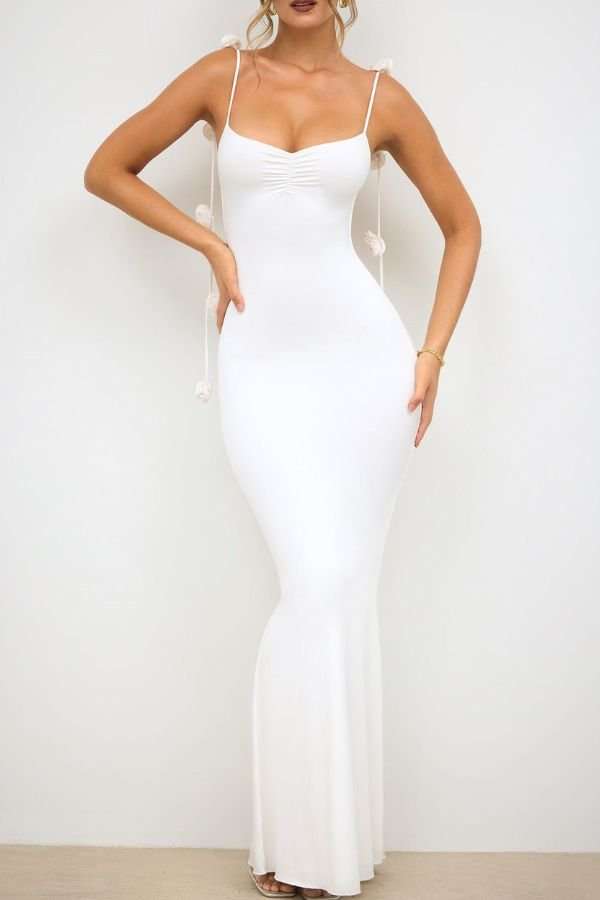 Elegant Bodycon Maxi Dress with Tie Details - M, White image