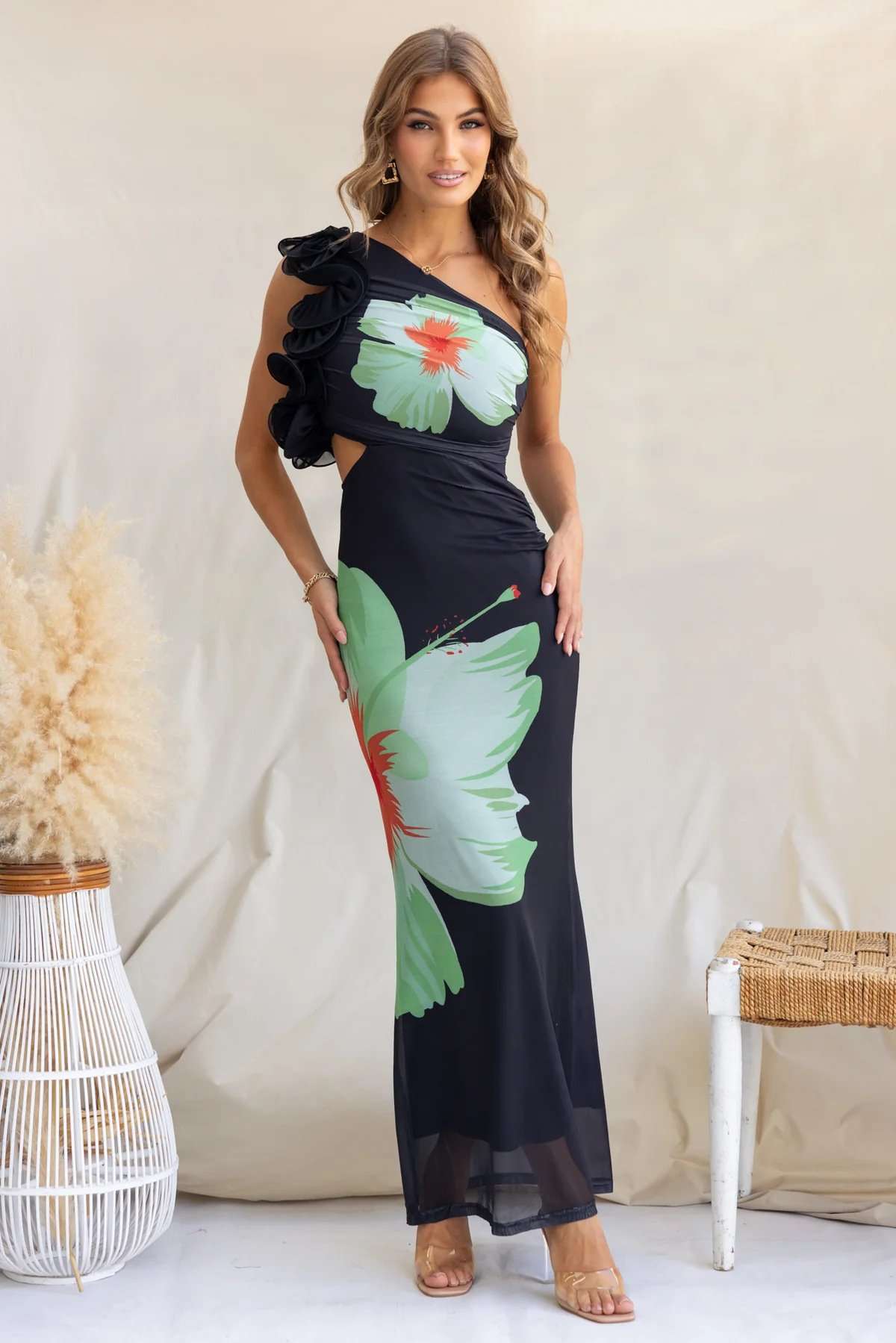 Chic One-Shoulder Floral Maxi Dress - L, Black image
