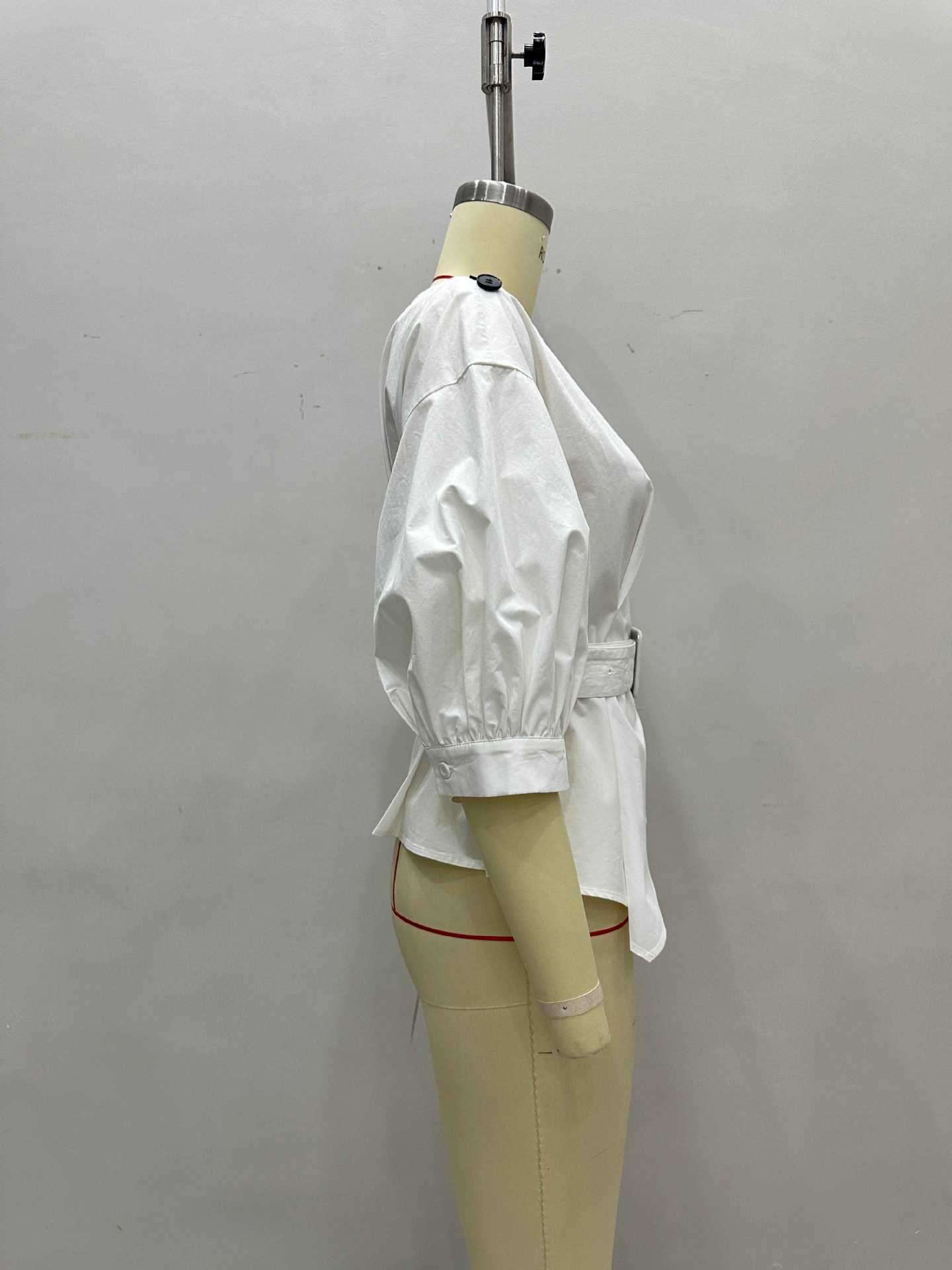 Asymmetrical Belted Blouse with Puff Sleeves image 4