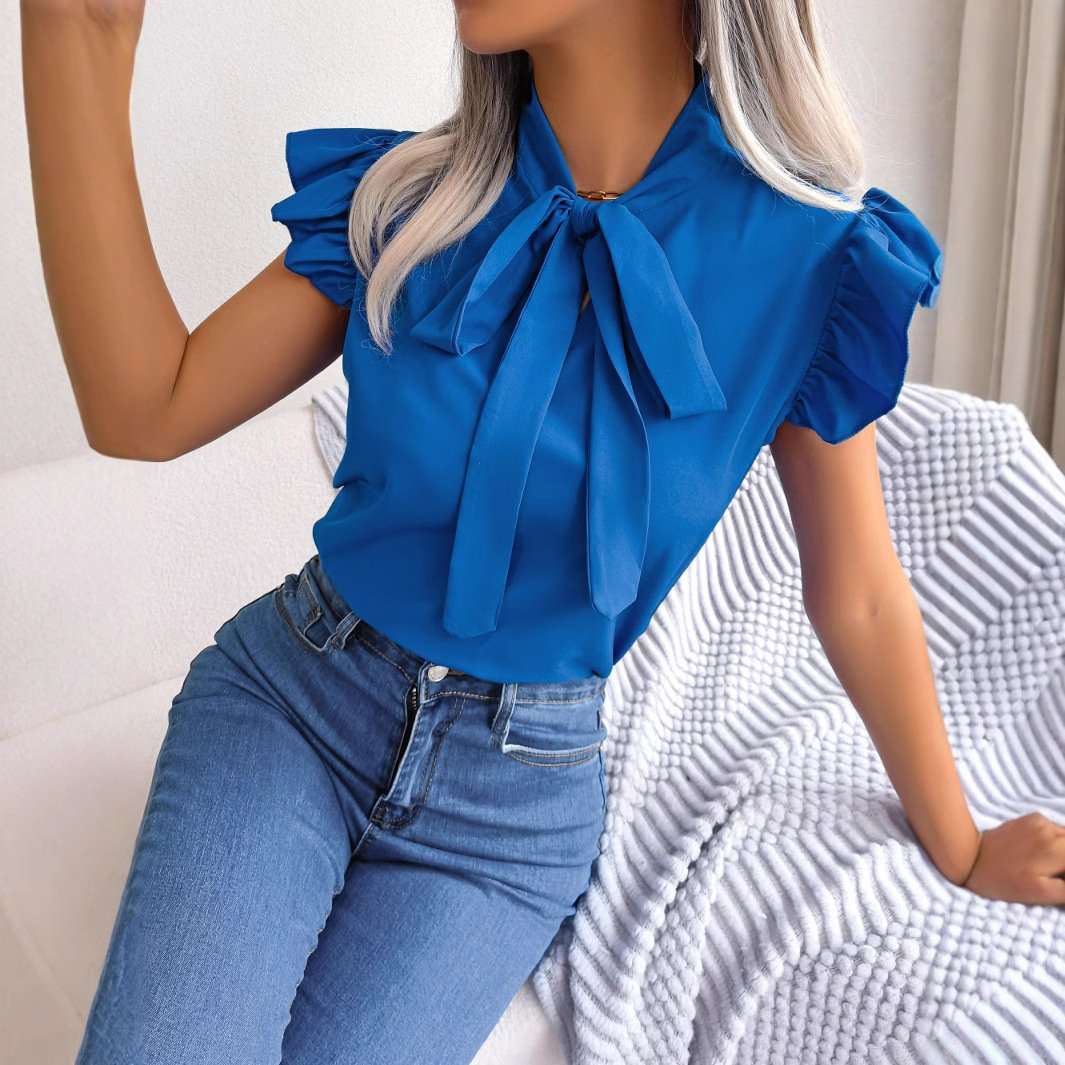 Ruffled Sleeve Bow Tie Blouse - L, Blue image