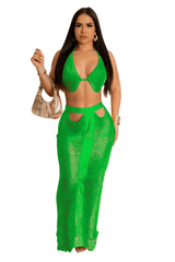 Sexy 2 Piece Halter Tassel Crop Top Maxi Skirt Summer Beach Holiday Outfits image 0