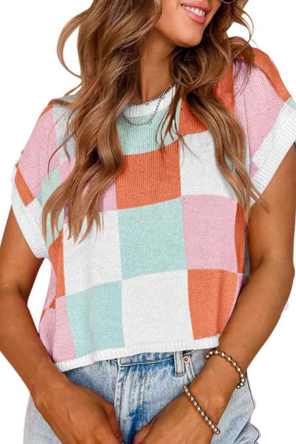 Multicolor Checkered Loose Fit Knitted Fashion Tee Top image 3