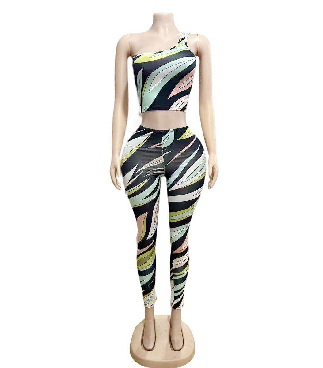 One-Shoulder Abstract Print Crop Top & Leggings Set image 5