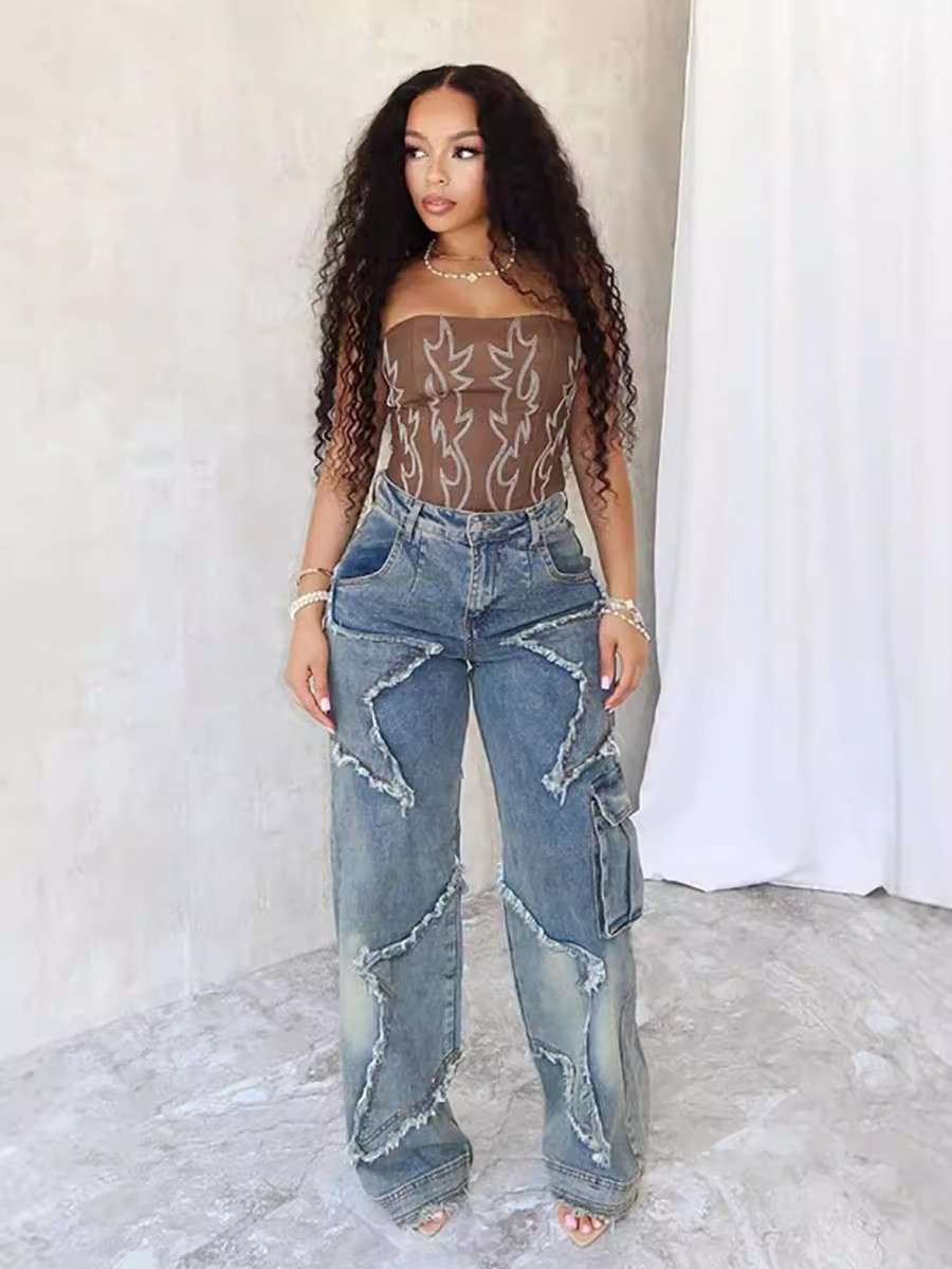 Star Embroidery Wide Leg Baggy Cargo Pants - M, Blue image
